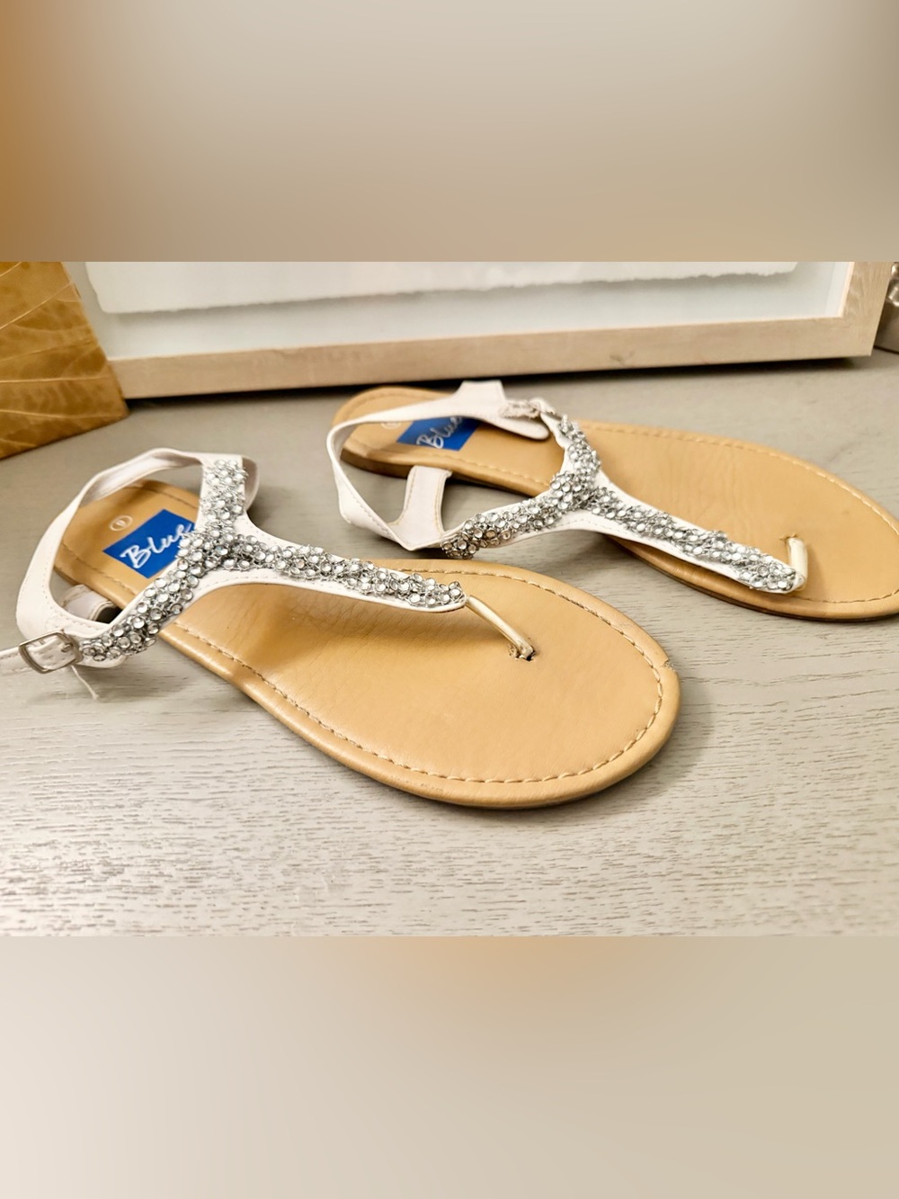 Blue White Rhinestone T-Strap Sandals Size 9